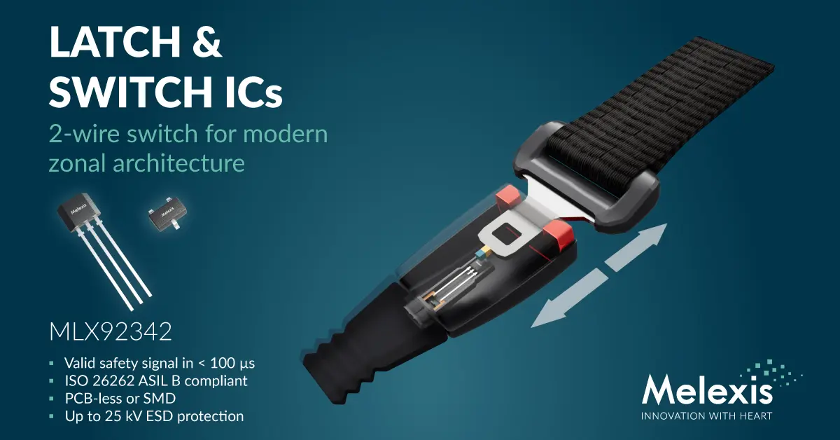 Melexis MLX92342 two-wire Hall effect switch for seatbelt buckle detection and automotive position sensing.