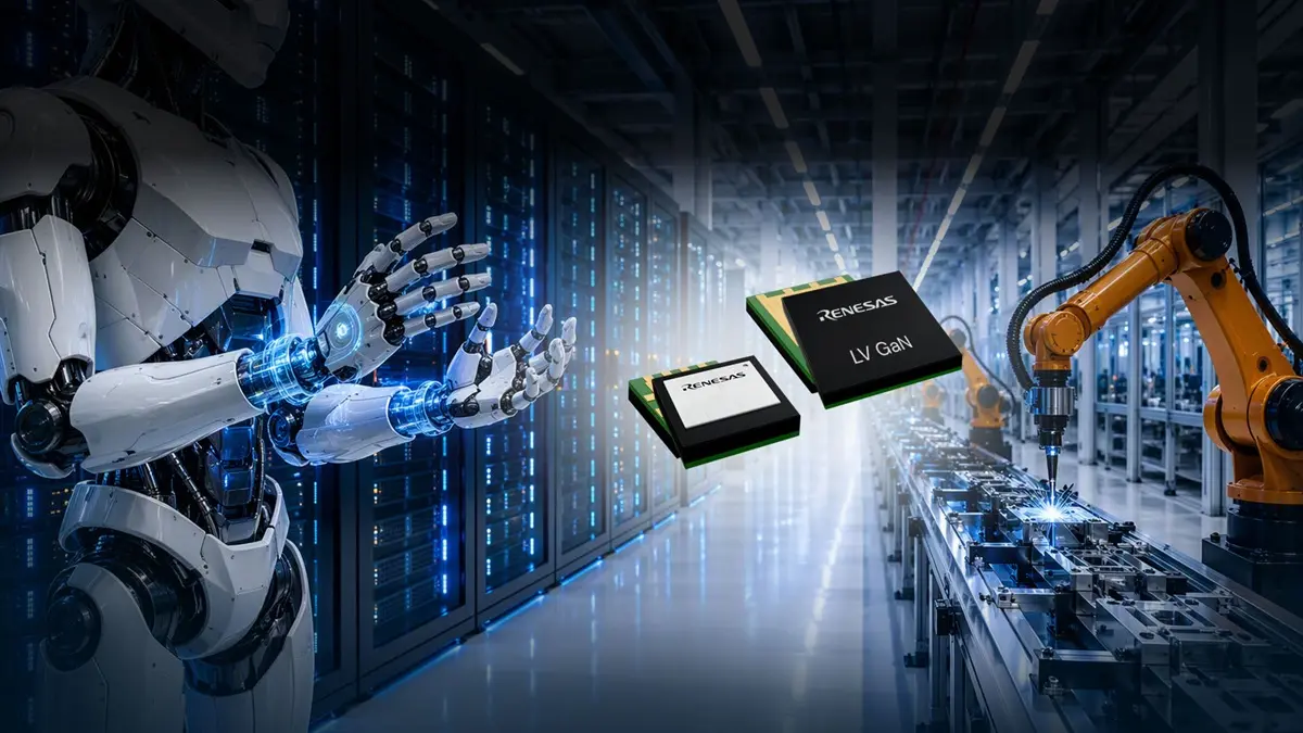 Renesas low-voltage GaN power transistors shown with AI data center and industrial robotics applications.