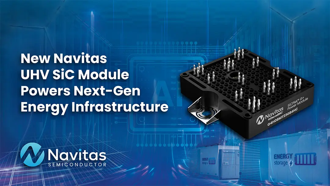 Navitas G4H08MT23GB4 2300 V SiC power module in SiCPAK G packaging for solid-state transformers and grid infrastructure.