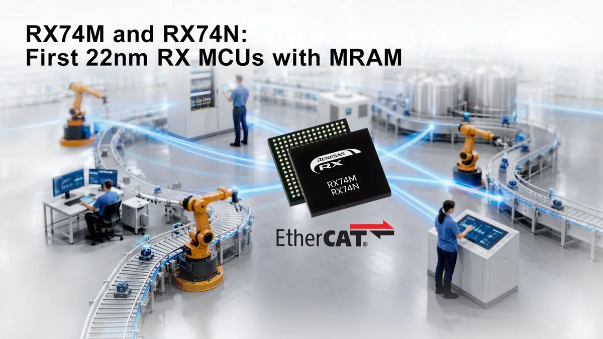 Renesas RX74M and RX74N 32-bit industrial microcontrollers built on a 22 nm process with embedded MRAM.