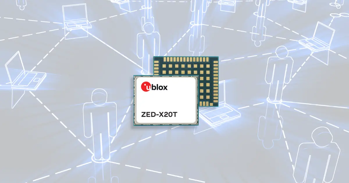 Top and bottom views of the u-blox ZED-X20T GNSS timing module.